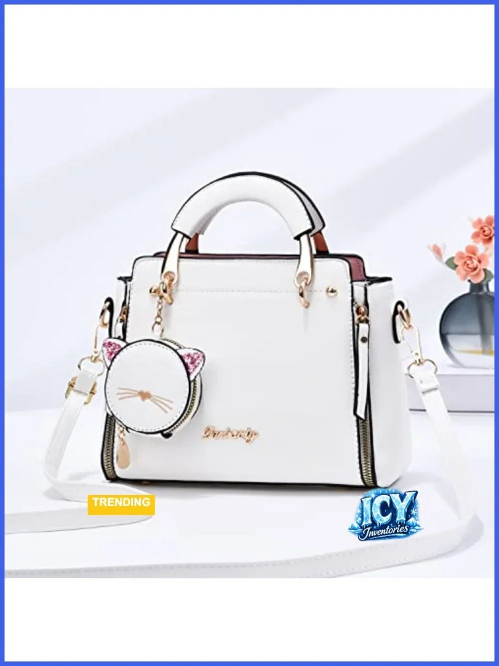 PU Leather Satchel Crossbody Bag Small Tote with Kitten Pendant